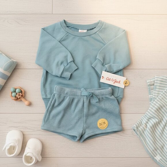Cat & Jack Other - NWT Cat & Jack 2-Piece Lounge Set Blue Waffle Knit Sweatshirt & Shorts 3-6 mths